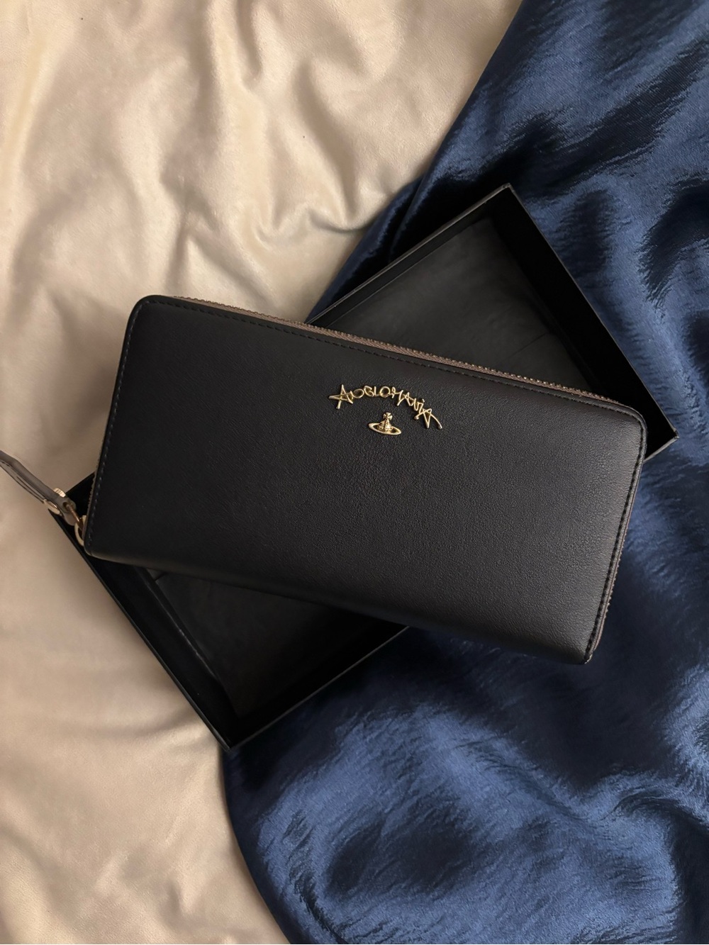 Vivienne Westwood Black Leather Zip Wallet with Gold Orb Logo